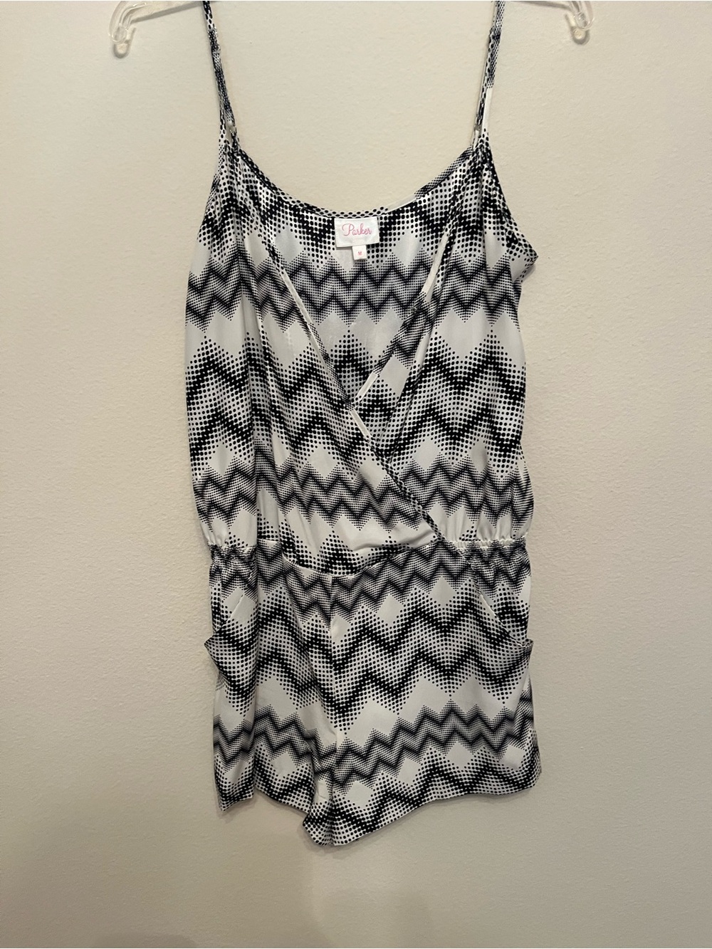 Parker Black & White Zigzag Print Sleeveless Wrap Romper
